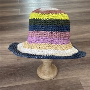 Hatattack Navy Striped Crochet Hat Multicolor Bucket Hat NWT Boho Summer Beach